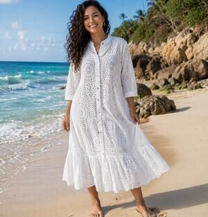 Milio Milano Women's boho 100% cotton Eyelet 3/4 sleeve Dress Size S EUC